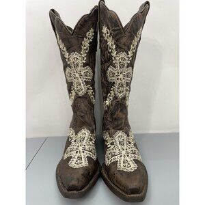 Laredo Cowgirl Boots Cowboy Cross Embroidered Distressed Snip Toe Brown Womens 8
